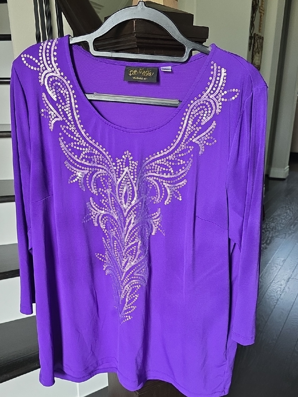 Bob Mackie Vibrant Purple Long Sleeve Scoop Neck Top with Rhinestone Design